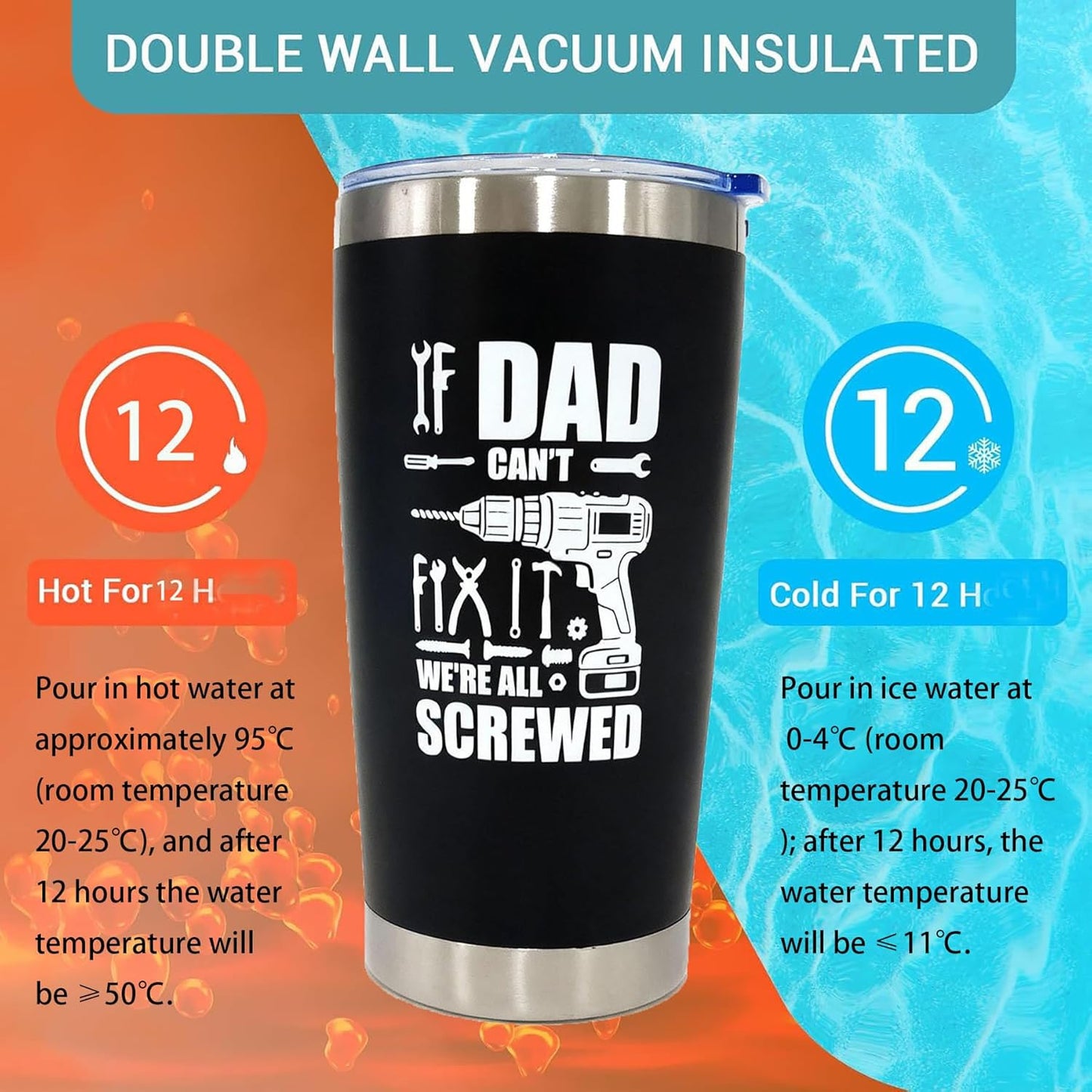 Fathers Day Gift for Dad Funny Coffee Tumbler Gifts for Father “ If Dad Can't Fix It We're All Screwed"20OZ Stainless Steel Tumbler with Magnetic Slider Lid Gifts for Men from Daughter, Son, Kids.