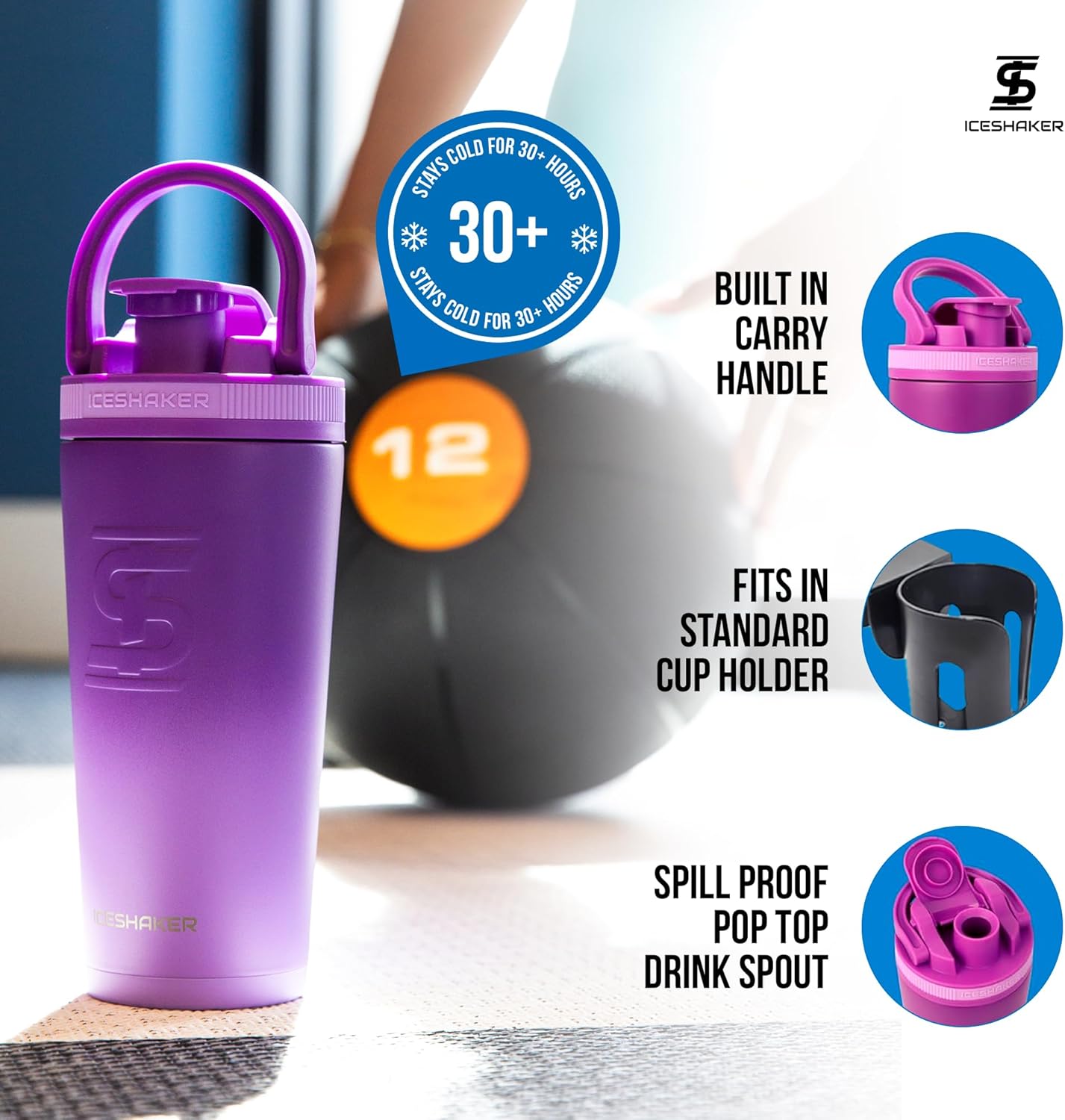Ice Shaker Insulated Stainless Steel Shaker Bottle | 26oz, Black | Cold for 30+ Hours | Insulated Cup with Twist-on Agitator | Odor-Free Bottle for Protein Shakes, Water, Smoothies, Cocktails