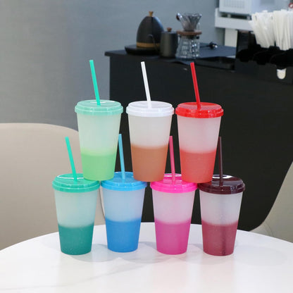 Color Changing Cups, 5 Pack 24oz Plastic Tumblers, Reusable Iced Coffee & Smoothie Cups with Lids and Straws for Parties and Travel