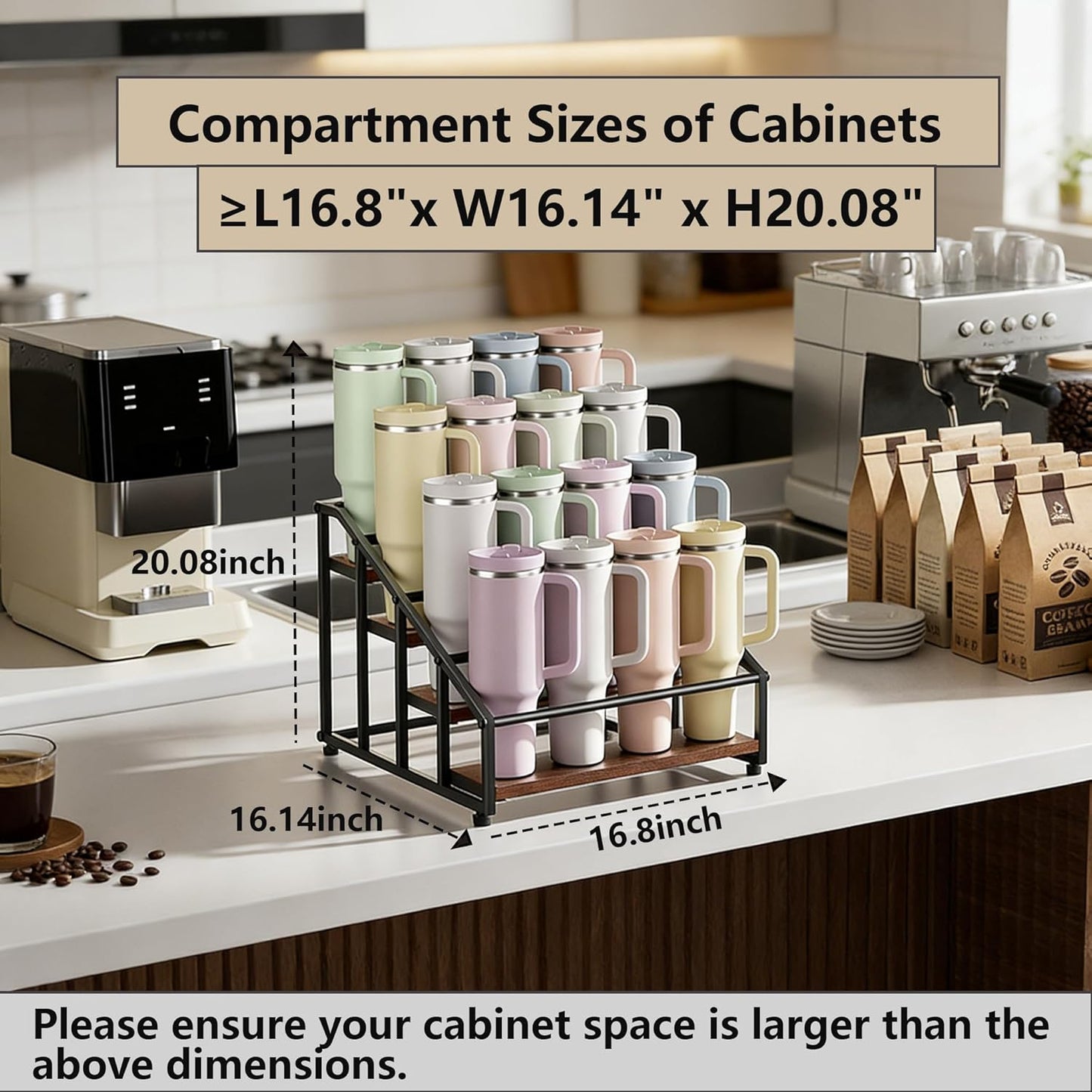MOJOHAND 4-Tier Stanley Tumbler Organizer, Holds 16 Stanley 40 oz Tumblers & Water Bottles，Fits All Kinds of Bottles, Organizes Pantry, Kitchen, or as a Wine Rack
