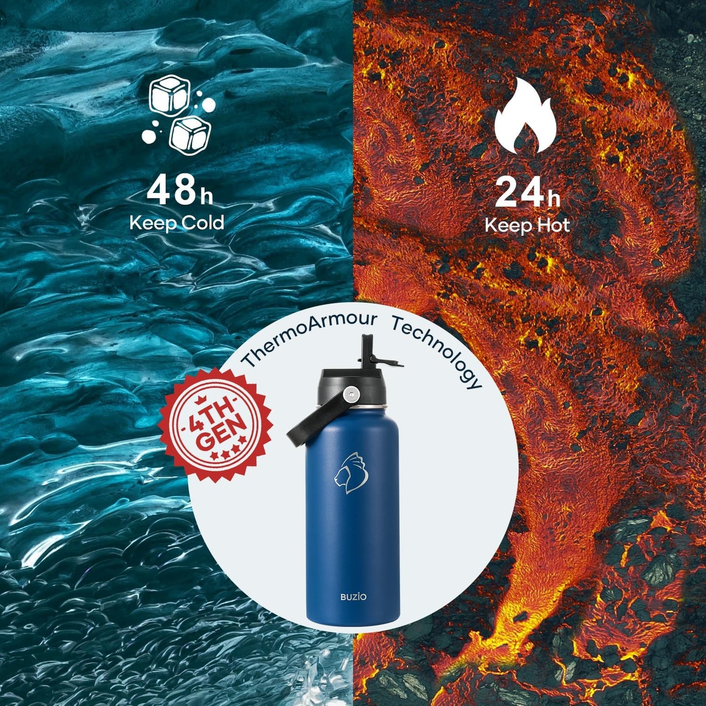 BUZIO 40oz Insulated Water Bottle, Triple Wall Vacuum Stainless Steel Water Flask with 2 lids, Lead-Free BPA-Free Straw Lid Sports Canteen Jug, Cold 48H & Hot 24H- Black - Colors B