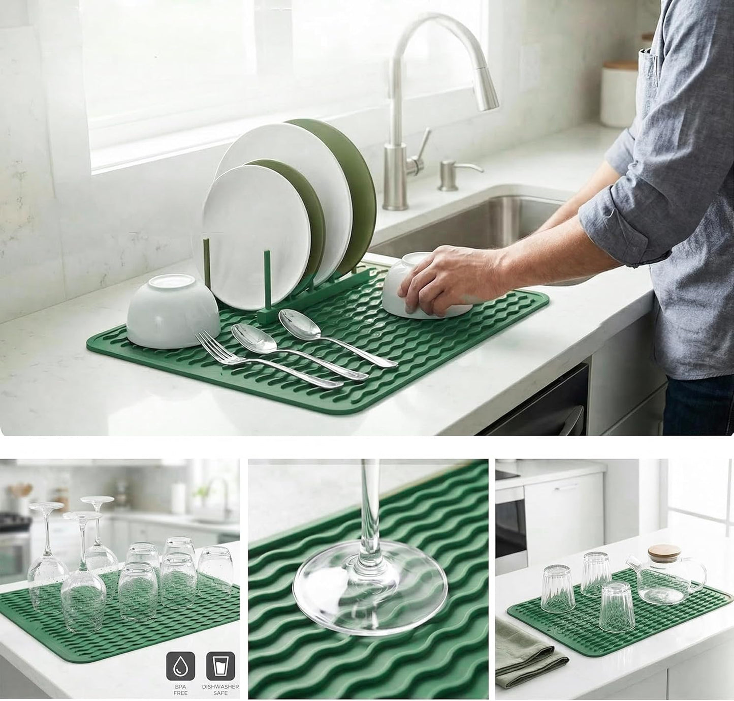 MicoYang Silicone Dish Drying Mat for Multiple Usage,Easy clean,Eco-friendly,Heat-resistant Silicone Mat for Kitchen Counter,Sink,Bar,Bottle,or Cup Green M 17 inches x 6 inches