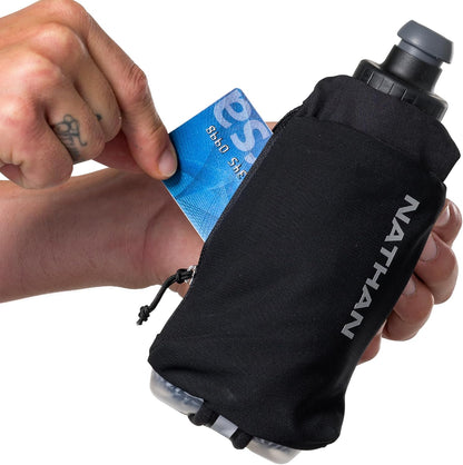 Nathan SpeedDraw 2 Insulated Handheld Running Water Bottle Flask 18oz – Double-Wall Insulation, Ergonomic Grip, Blast Valve Cap, Phone & Key Storage Pockets, Reflective Design