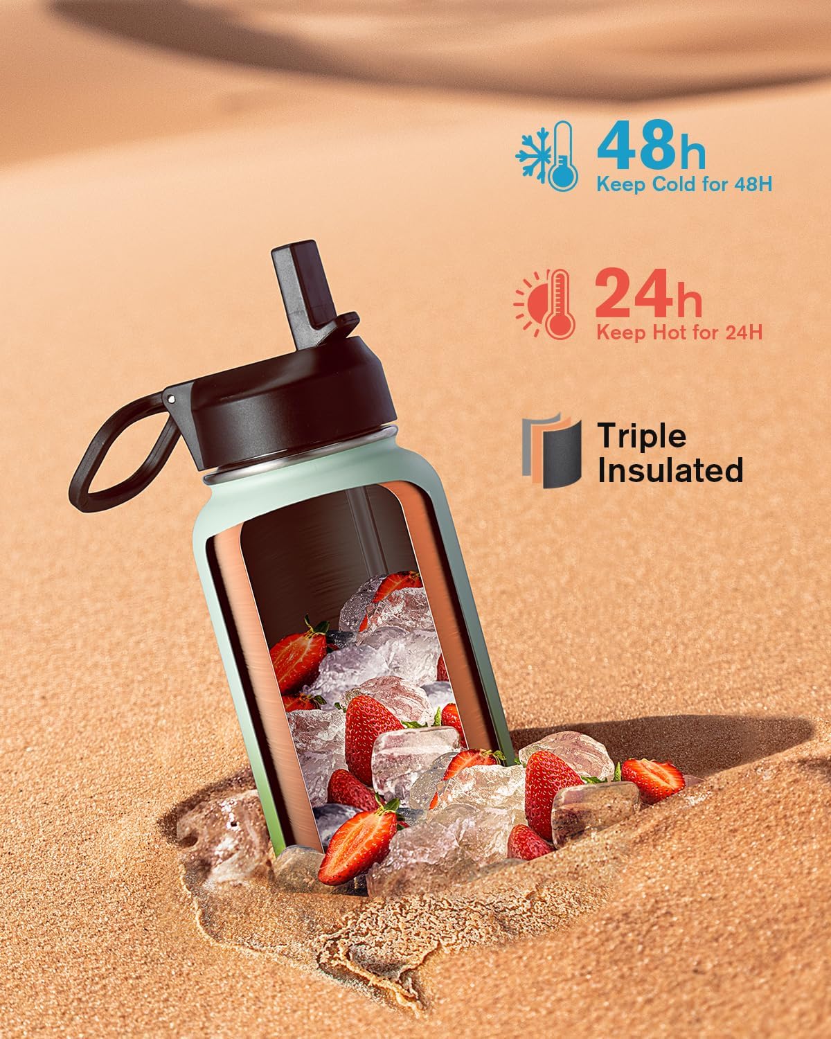 Half Gallon Water Bottle Insulated with Straw & 3 Lids, Coolflask 64 oz Water Jug Large Metal Stainless Steel Wide Mouth for Sports, Gym or Office, Non-BPA Keep Cold 48H Hot 24H, Samurai Cyan