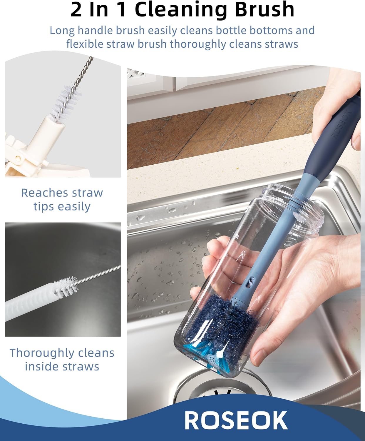 ROSEOK 2 in 1 Long Handle Bottle Brush with Straw Brush for Cleaning Glass, Sports Bottle, Coffee Mug,Navy Blue,1 Pack