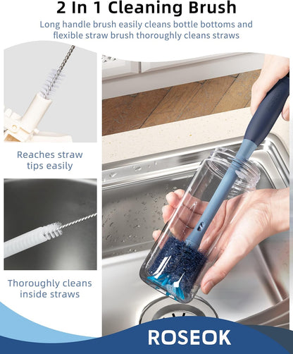 ROSEOK 2 in 1 Long Handle Bottle Brush with Straw Brush for Cleaning Glass, Sports Bottle, Coffee Mug,Navy Blue,1 Pack