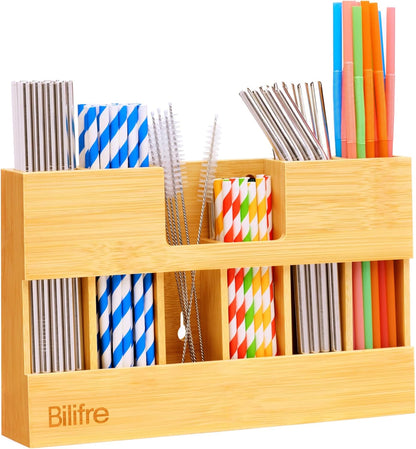 Bamboo Straw Holder Organizer for Cabinet Door, 10.8" Magnetic Straw Organizer with 6 Compartments for Long & Short Reusable Straws, Fridge, Counter & Wall Mount