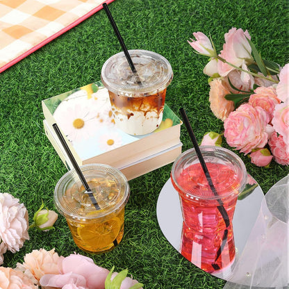 tchrules 100 Set 16oz Plastic Cups with Lids and Straws, Disposable Clear Iced Coffee Cup with Lid, Round Bottom Plastic To Go Cups for Cold Drinks Slushie Smoothie Lemonade Matcha Party Shop Supplies