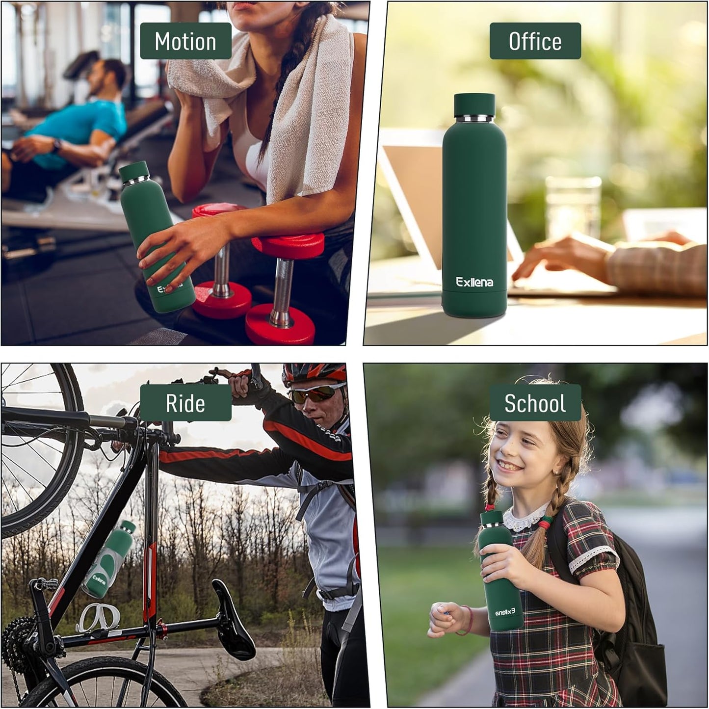 Exllena Slim Insulated Water Bottles for Travel 18oz with Clip, Double Wall Vacuum Stainless Steel Water Bottle Keeps Drinks Cold 24 Hrs/Hot 12 Hrs, 100% Leakproof, BPA Free(Black)