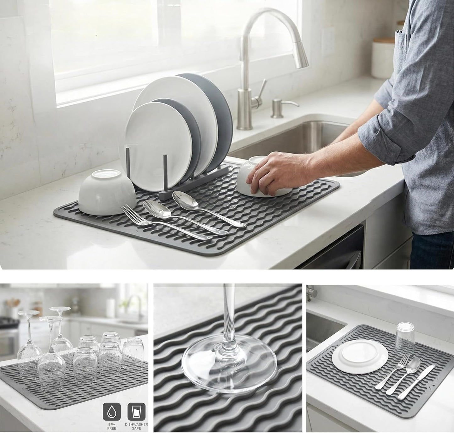 MicoYang Silicone Dish Drying Mat for Multiple Usage,Easy clean,Eco-friendly,Heat-resistant Silicone Mat for Kitchen Counter,Sink,Bar,Bottle,or Cup Green M 17 inches x 6 inches