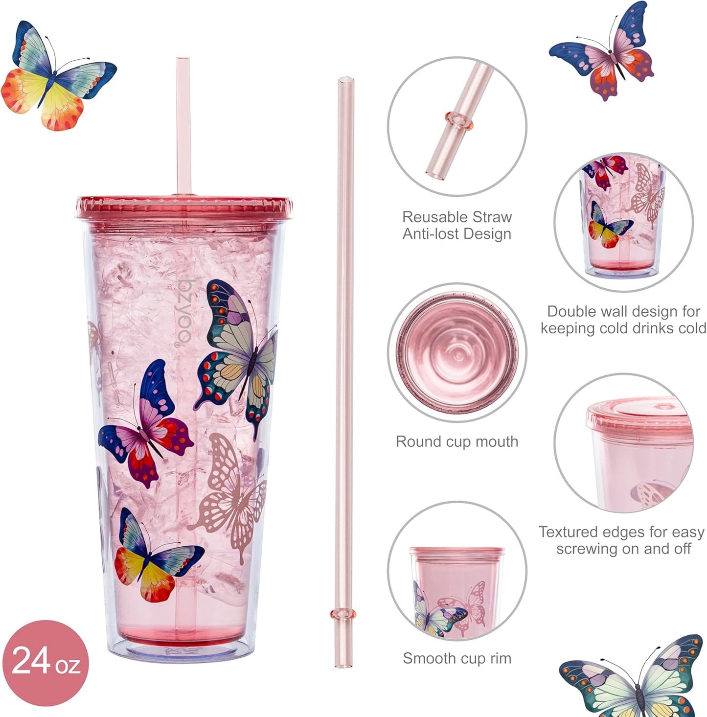 bzyoo SIP 24oz (710ml) Double Wall Plastic Tumbler with Lid and Straw Cold Drink Travel Mug Reusable Party Cup Perfect for Office Ice Coffee or Tea and Gift Color: Pink & Purple