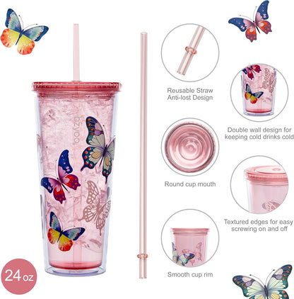 bzyoo SIP 24oz (710ml) Double Wall Plastic Tumbler with Lid and Straw Cold Drink Travel Mug Reusable Party Cup Perfect for Office Ice Coffee or Tea and Gift Color: Pink & Purple