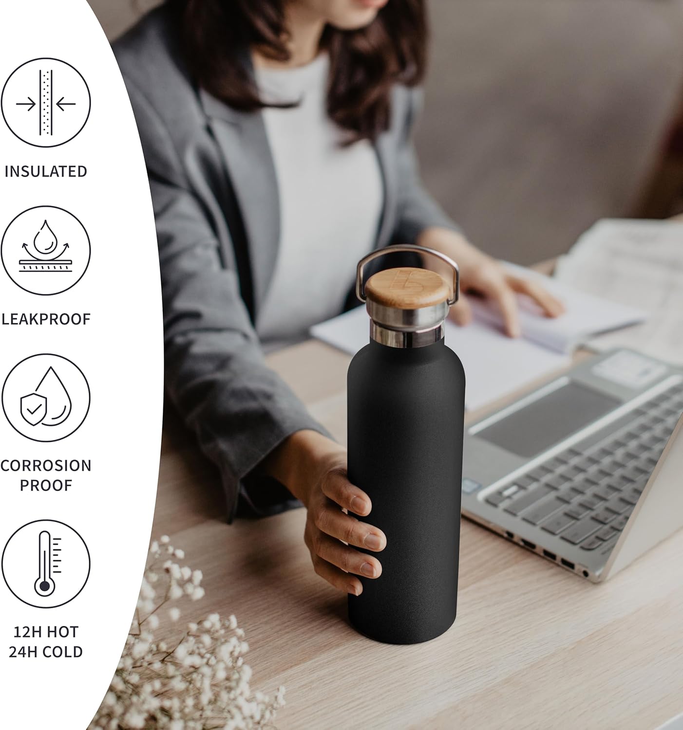 Bambaw 24 oz Stainless Steel Water Bottle, Insulated Metal Water Bottle Wide Mouth, Great for Hiking & Travel, With Handle Easy to Carry, Rust-Resistant & Durable (Aegean Blue)