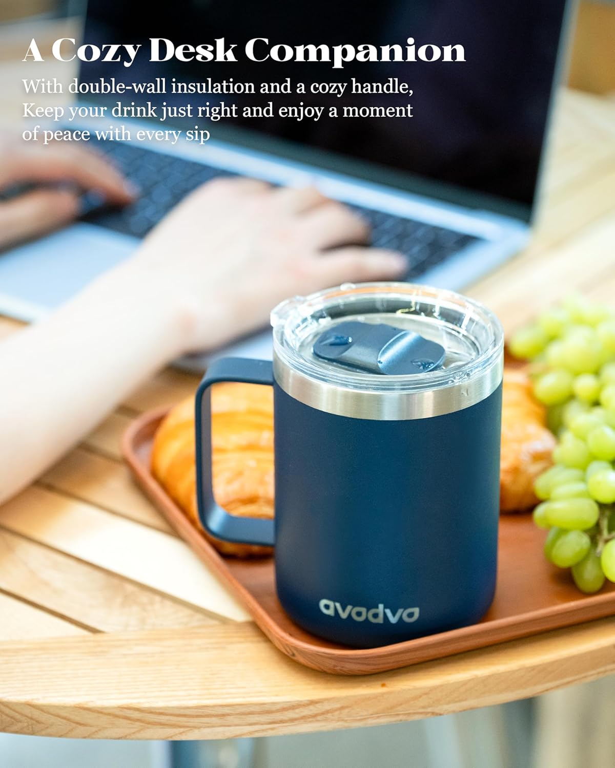 12oz Insulated Coffee Mug with Lid – Includes Two Lids, Stainless Steel Coffee Travel Mug with Handle, Double Wall Vacuum Insulated Camping Mug for Home, Office & Outdoor, Navy Blue
