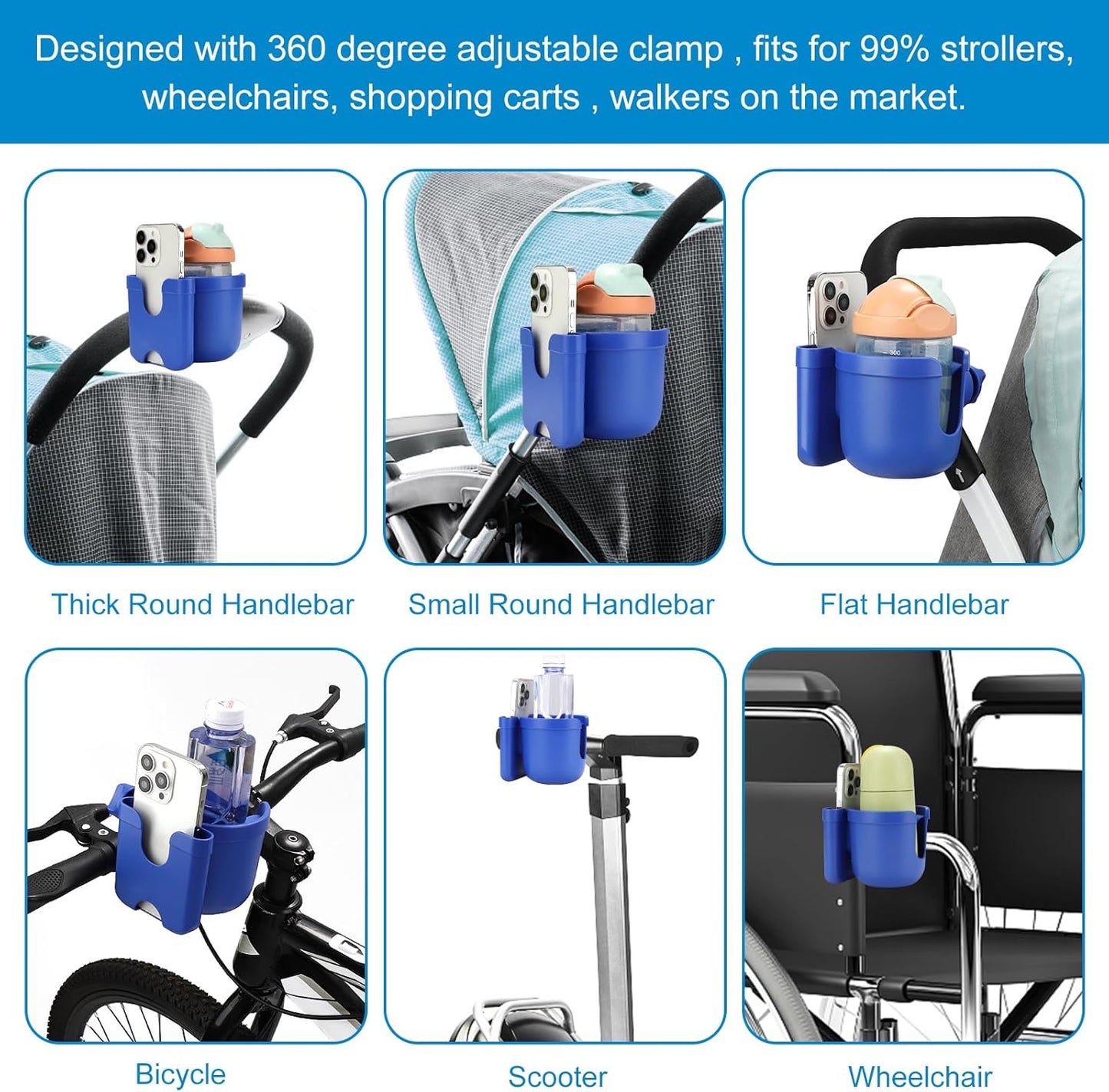 Accmor Stroller Cup Holder with Phone Holder, Bike Cup Holder, Universal Cup Holder for Uppababy Nuna Doona Strollers, 2-in-1 Cup Holder for Walker, Wheelchair, Scooter - Colors B