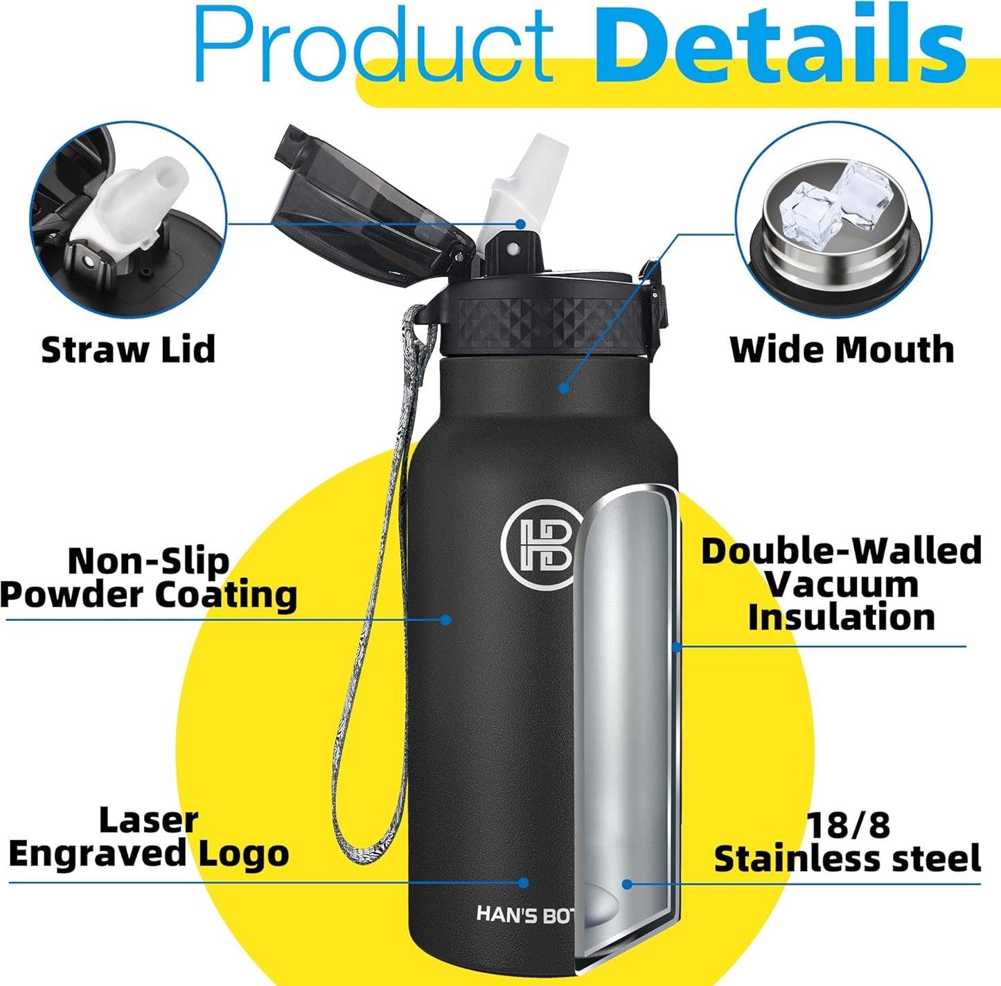 Han's Bottle Sports Water Bottle - 24 Oz, Straw Lid, Leak Proof, Vacuum Insulated Stainless Steel, Double Walled, Thermo Mug,Black