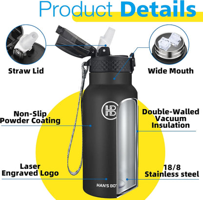 Han's Bottle Sports Water Bottle - 24 Oz, Straw Lid, Leak Proof, Vacuum Insulated Stainless Steel, Double Walled, Thermo Mug,Black