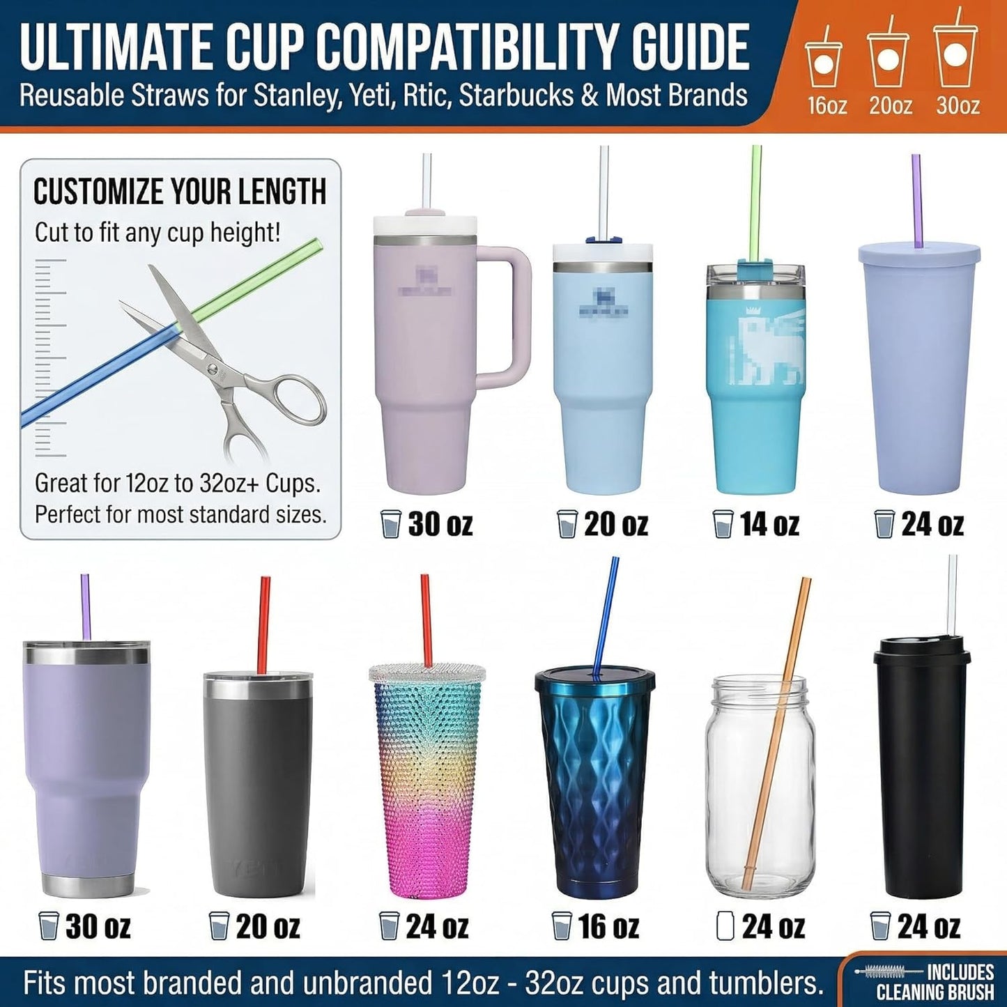 ALINK 10.5 in Long Reusable Plastic Straws with Brush, Tritan Hard Plastic Tumbler Straws, 10 Rainbow Colored Replacement Straw for 16 OZ 20 OZ 30 OZ Stanley, YETI, Starbucks Tumblers, Mason Jars