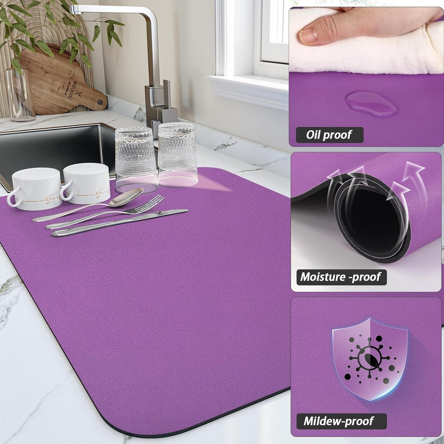 HotLive Dish Drying Mat for Kitchen Counter, Heat Resistant Drainer Mats with Non-slip Rubber Backed, Hide Stain Kitchen Super Absorbent Draining Mat, Easy to Clean Dish Rack Pad, Dark Grey 16"x18"