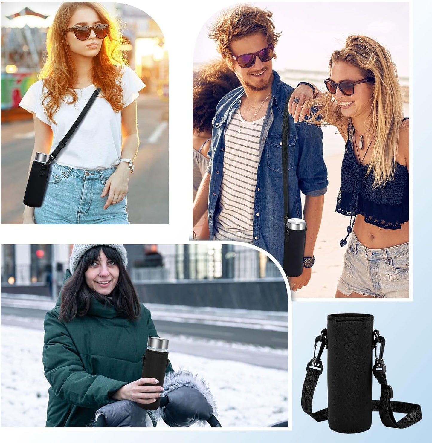 FillTouch 2 Pack Insulated Neoprene Water Bottle Holder Carrier with Adjustable Strap - Hands Free Sling Bag for 17oz/500ml Standard Bottles for Walking, Gym, Hiking, Commuting