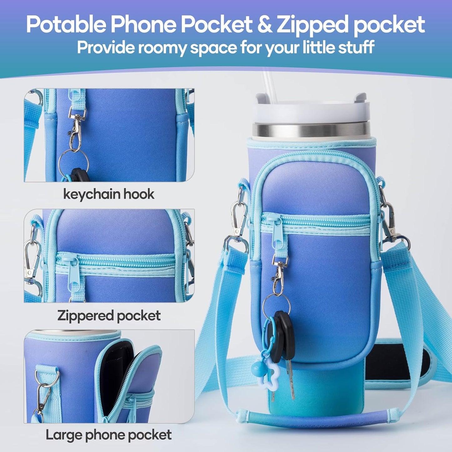 linmaya Water Bottle Carrier Bag for Stanley Cup 40/30oz with Phone Holder Pockets,Neoprene Water Bottle Cross-body Bag with Adjustable Shoulder & Hand Strap Stanley Cup Accessories