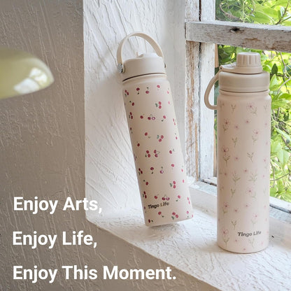 25oz Insulated Stainless Steel Aesthetic Cute Water Bottle - 2 Lids Included (Straw + Sport Handle), Leakproof BPA-Free, Dreamy Cream Cute Floral Design, Perfect Gym/Yoga/Office Companion