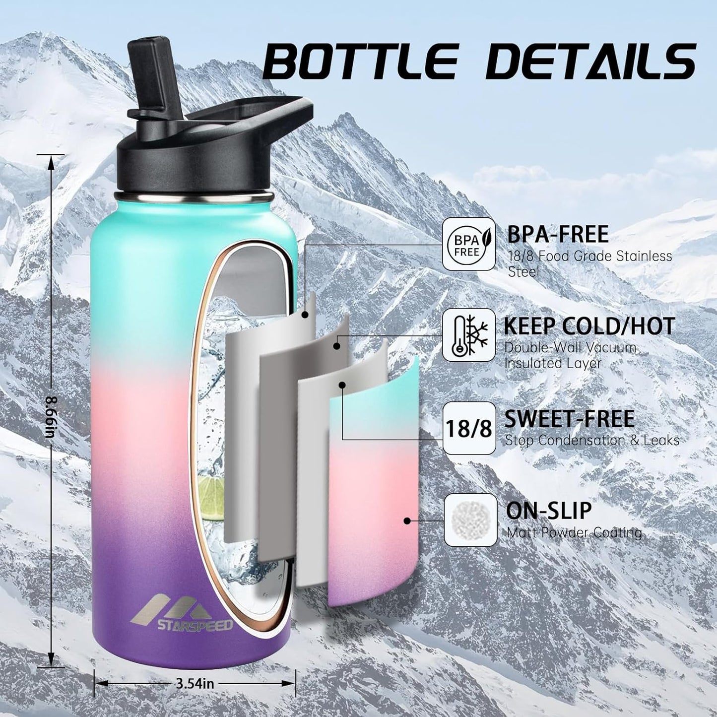 StarSpeed 32oz Insulated Water Bottle with Straw Lid, Stainless Steel Double Walled Vacuum Water Flask, Wide Mouth Sports Water Bottle for Gym Camping Hiking, Indigo Black