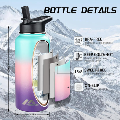 StarSpeed 32oz Insulated Water Bottle with Straw Lid, Stainless Steel Double Walled Vacuum Water Flask, Wide Mouth Sports Water Bottle for Gym Camping Hiking, Indigo Black