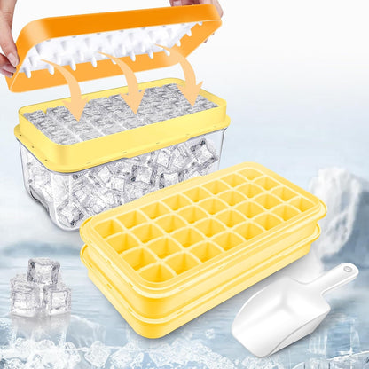 Ice Trays for Freezer with Lid & Bin, Ice Cube Tray Making 64 pcs Ice Cubes, Easy Press to Release Ice, Ice Tray with Storage Bin Chilling Cocktail Whiskey Coffee 2 Trays 1 Ice Bucket & Scoop (Black)