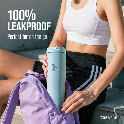 Coolflask Water Bottle 40 oz Fits Car Cup Holder, Slim Tumbler Stainless Steel with Straw & Handle, Vacuum Flask Leakproof Wide Mouth for Travel Sports Gym, Black
