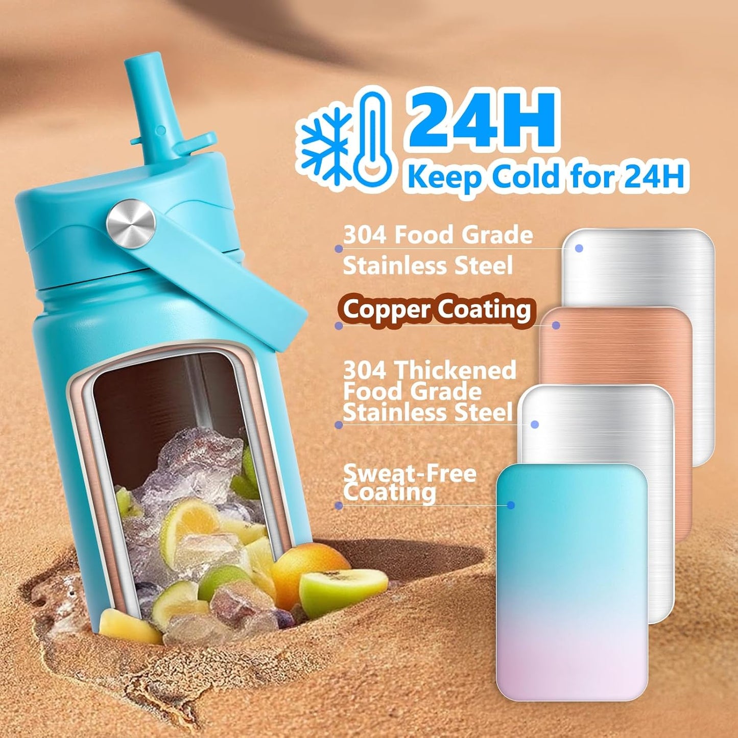 Insulated Water Bottle with Lid & Boot & Stickers, 24 oz Stainless Steel Sweat Free Bottle Keep Cold 24H, BPA-Free Sports Wide Mouth Water Bottle, BlueBlack