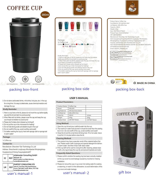 YINJOYI 12oz Travel Coffee Cups Insulated Tumbler Thermal Mug to Go with Lid Leak Proof Reusable Stainless Steel Coffee Mug Spill Proof for Hot and Iced Cold Drinks (Red, 380ml)