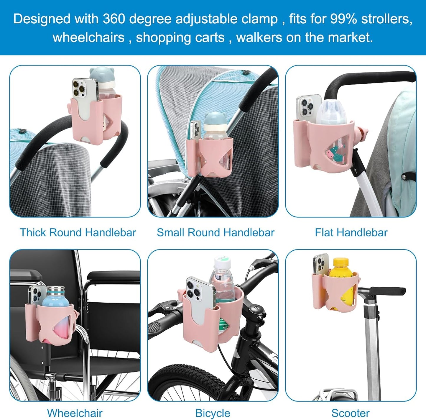 Accmor Stroller Cup Holder, Universal Cup Holder for Walker Wheelchair Bike, 360° Rotatable Stroller Cup Holder Attachment Accessories for Walker, Wheelchair, Scooter