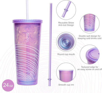 bzyoo SIP 24oz (710ml) Double Wall Plastic Tumbler with Lid and Straw Cold Drink Travel Mug Reusable Party Cup Perfect for Office Ice Coffee or Tea and Gift Color: Pink & Purple