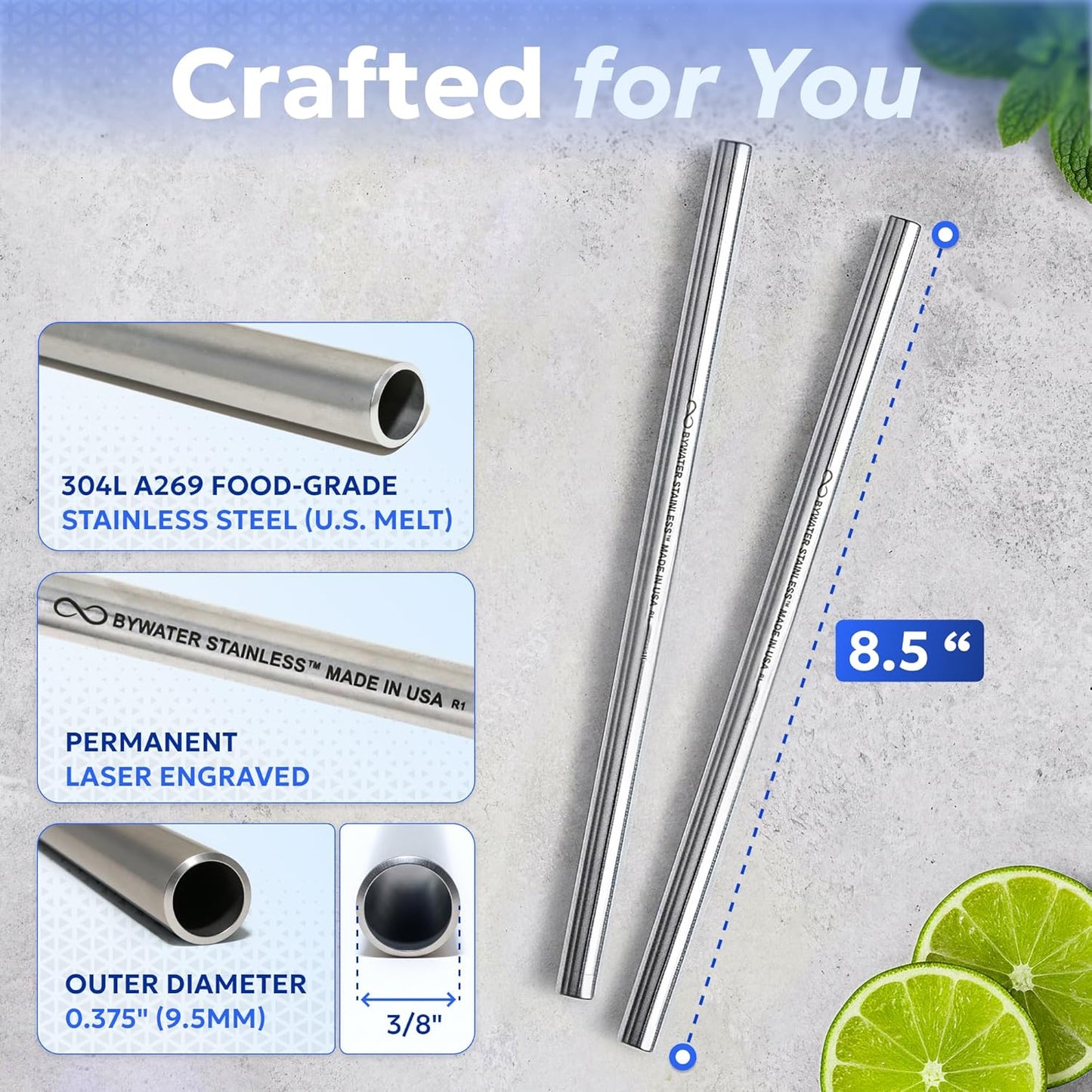 Made in USA Bywater Stainless Steel 10.5 Inch Straw Set of 2 Food Grade Premium Straws. Fits Stanley, Yeti Straw Lid, Owala and Many Others With Standard Straws. DOES NOT FIT FLIP STYLE LIDS
