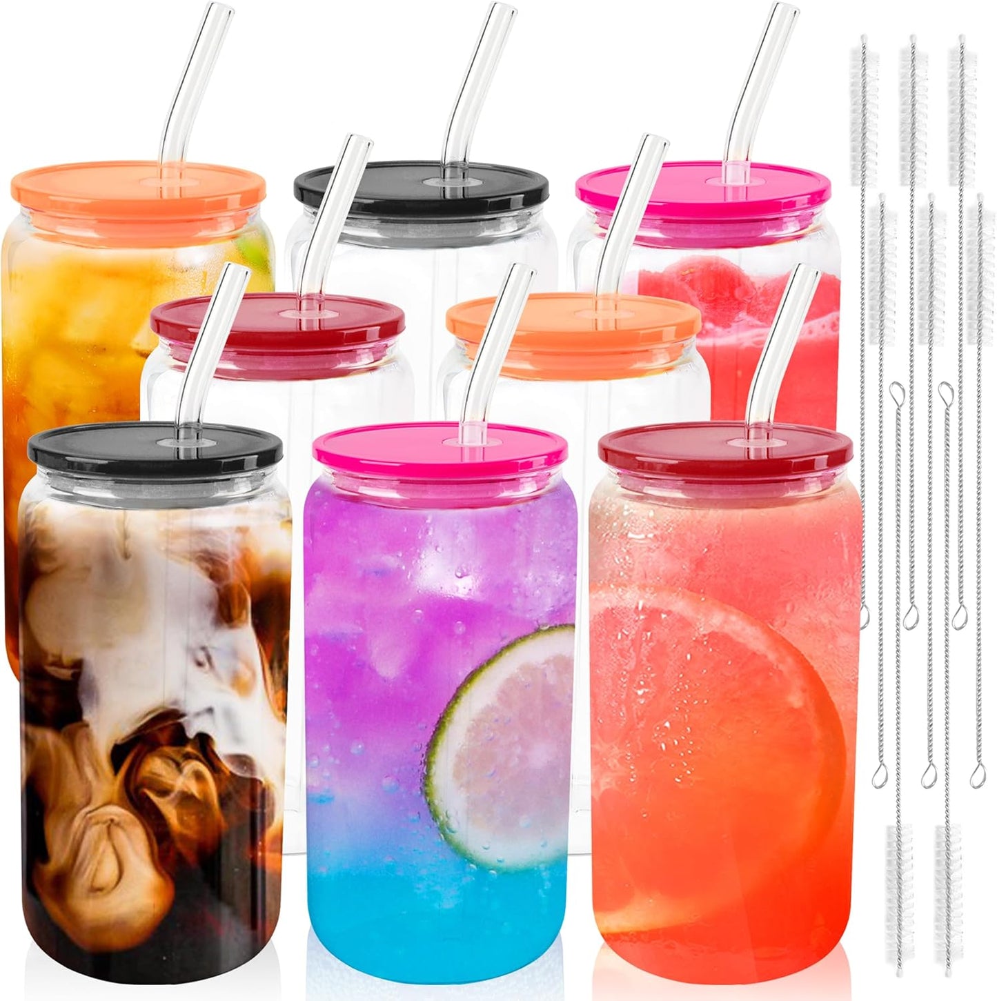 Joyclub 8pcs 16 oz Glass Cups with Acrylic Lids and Straws Can Shaped Iced Coffee Glasses Cute Tumbler Set Drinking Jars for Smoothie Soda Boba Beer Party Housewarming Gifts