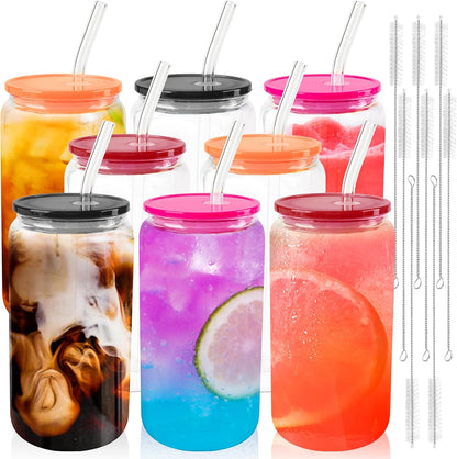 Joyclub 8pcs 16 oz Glass Cups with Acrylic Lids and Straws Can Shaped Iced Coffee Glasses Cute Tumbler Set Drinking Jars for Smoothie Soda Boba Beer Party Housewarming Gifts