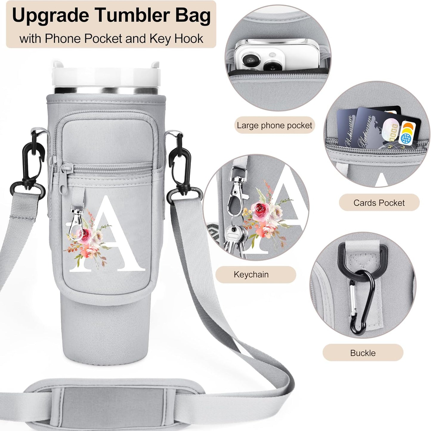 Initial Water Bottle Holder with Strap for Stanley Cup Accessories 40 oz/Simple Modern Tumbler, Birthdays for Women Girls, Water Bottle Carrier Bag with Phone Pocket,Hiking Walking Gym Camping