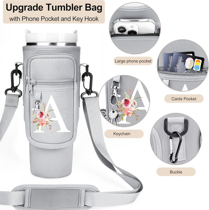 Initial Water Bottle Holder with Strap for Stanley Cup Accessories 40 oz/Simple Modern Tumbler, Birthdays for Women Girls, Water Bottle Carrier Bag with Phone Pocket,Hiking Walking Gym Camping