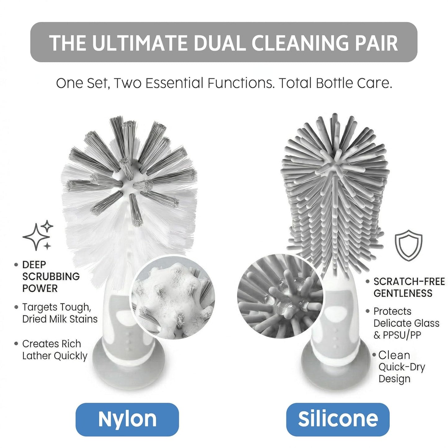 Ariseno 5-in-1 Baby Bottle Cleaner Set, Including Nylon & Silicone Bottle Brush, Cap, Straw & Nipple Brushes, BPA-Free (Grey)