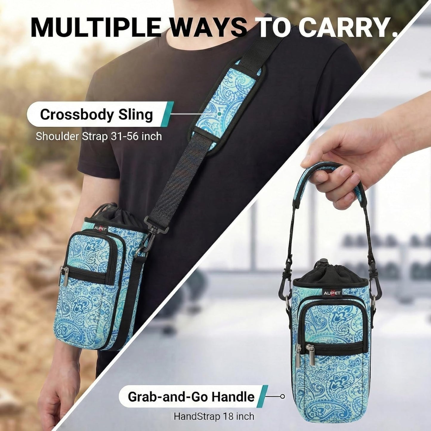 AUPET Water Bottle Sling Bag Sleeve Holder Carrier 25/32/40/64 oz,Insulated Crossbody Water Bottle Case Cover with Strap and Pockets for Men/Women Walking Hiking