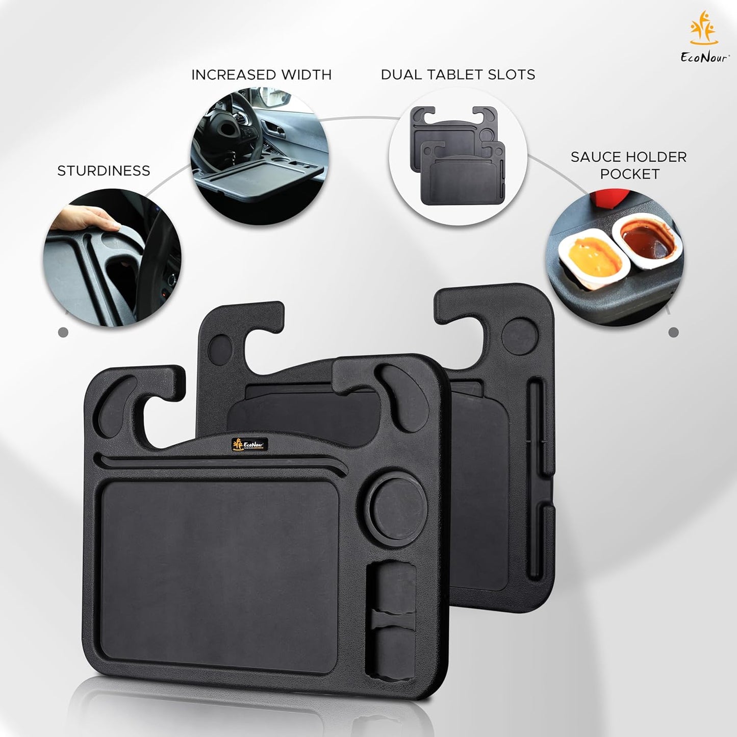 EcoNour 2 in 1 Car Steering Wheel Desk | Tray for Laptop Car Mount with Pen Holder | Desk Console for Car | Food Tray for Eating with Drinks Holder | Multipurpose Travel Car Accessories