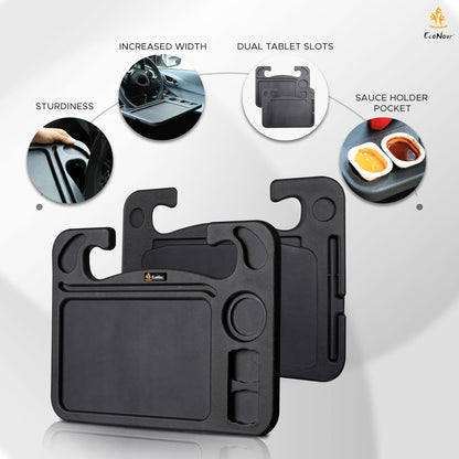 EcoNour 2 in 1 Car Steering Wheel Desk | Tray for Laptop Car Mount with Pen Holder | Desk Console for Car | Food Tray for Eating with Drinks Holder | Multipurpose Travel Car Accessories