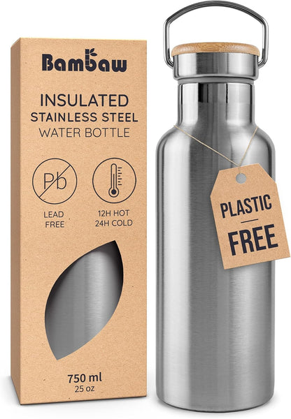 Bambaw 24 oz Stainless Steel Water Bottle, Insulated Metal Water Bottle Wide Mouth, Great for Hiking & Travel, With Handle Easy to Carry, Rust-Resistant & Durable (Aegean Blue)