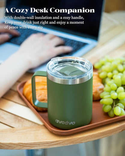 12oz Insulated Coffee Mug with Lid – Includes Two Lids, Stainless Steel Coffee Travel Mug with Handle, Double Wall Vacuum Insulated Camping Mug for Home, Office & Outdoor, Navy Blue