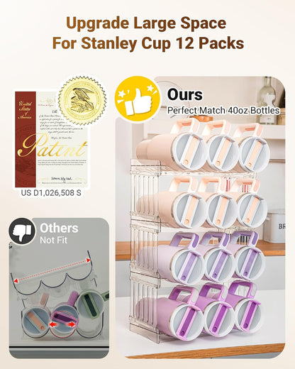 Gracenal Large Tumbler Organizer for Stanley Cup 40 oz, Patented Kitchen Pantry Organizers and Storage for Stanley Cup Accessories, Stackable Water Bottle Organizer Holder Gifts 4Pack Large-12-bottle