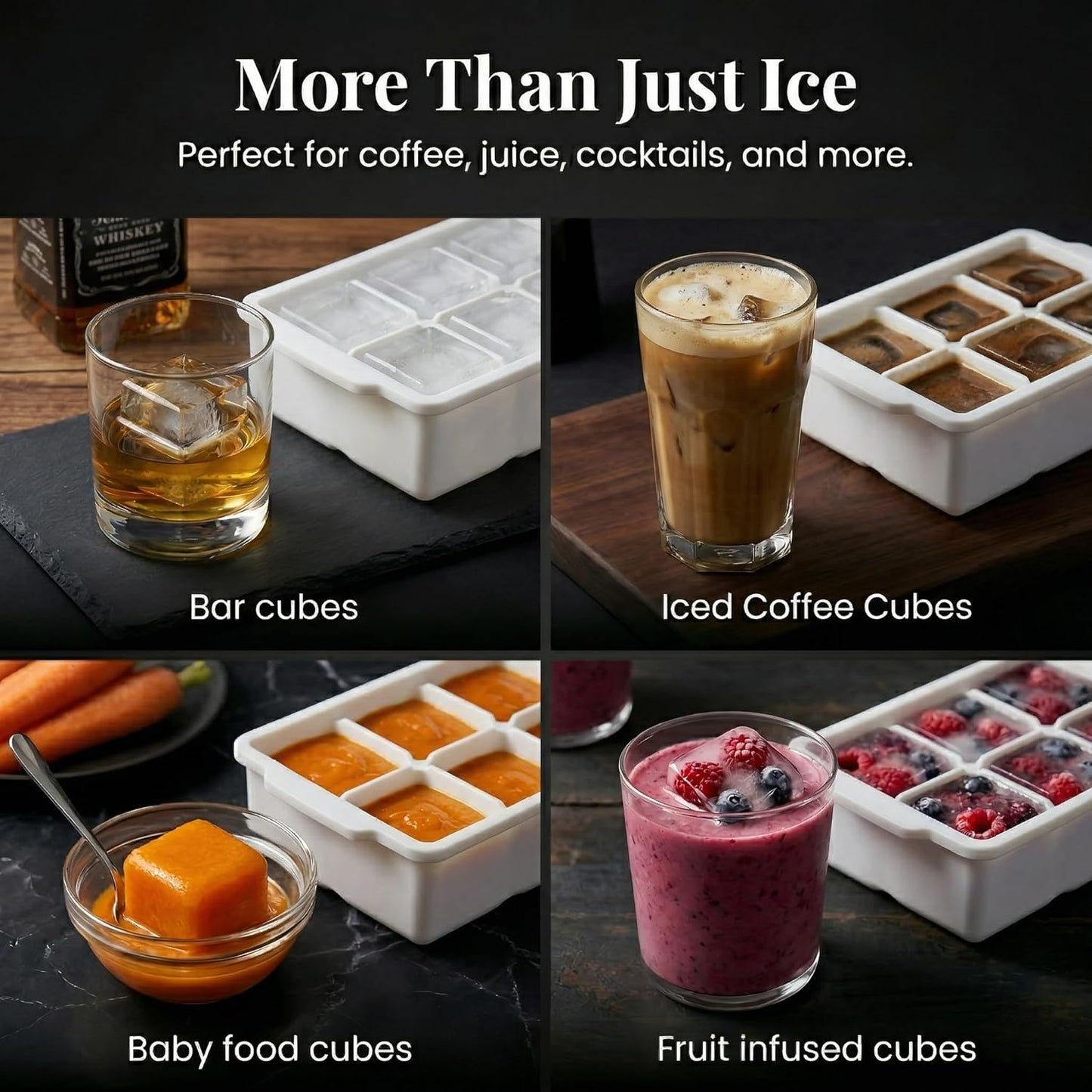 KitchFort Large Silicone Ice Cube Tray (2-Pack), Easy Release 2" Big Ice Cubes - Cocktail, Whiskey Ice Cubes Mold - Ice Trays for Freezer with Lid - Stackable Silicone Ice Tray - Black