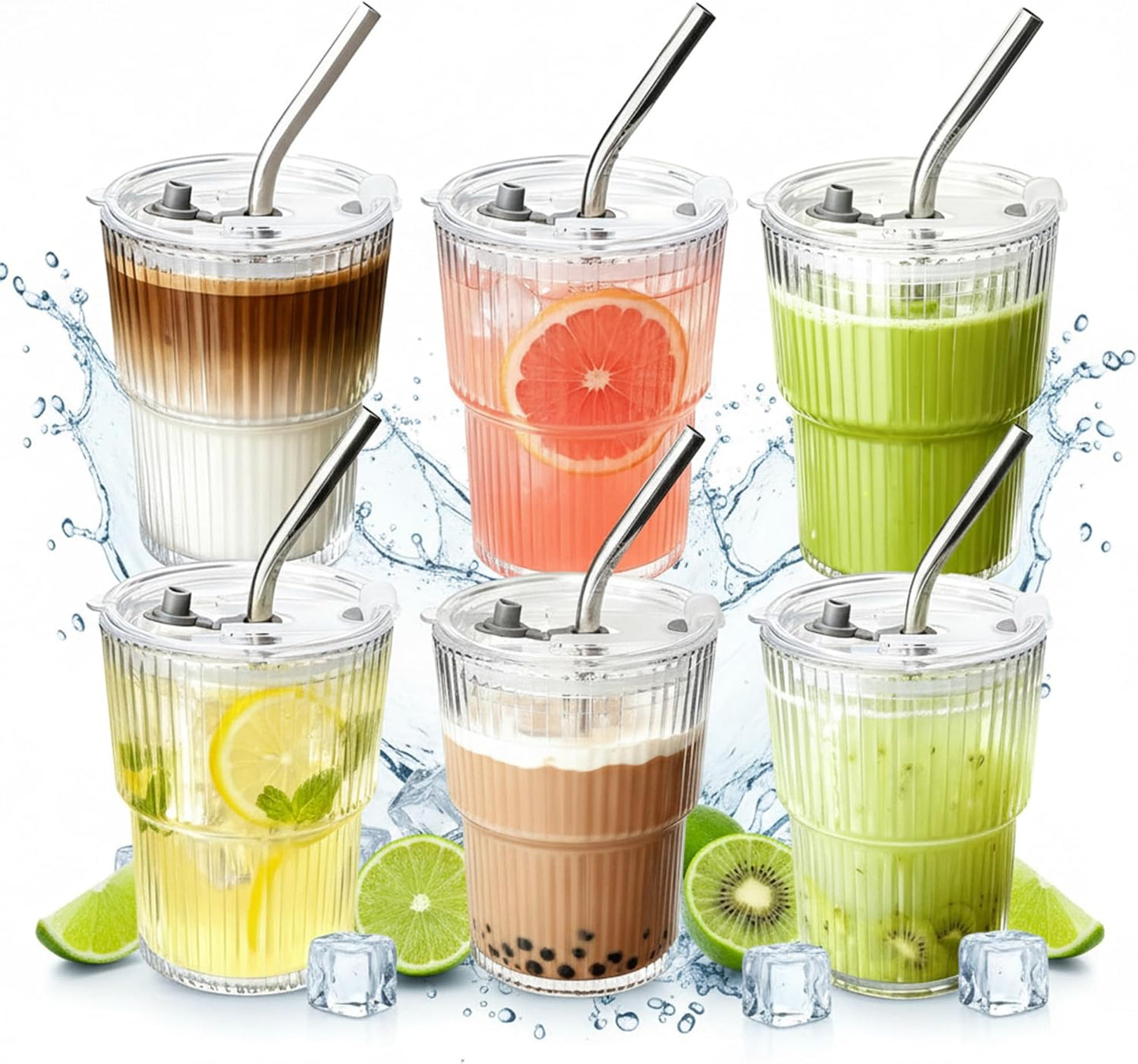 4 Packs Ribbed Glass Tumbler with Lid and Straw 13 oz Cute Ice Coffee Cup Set for Smoothie Juice Matcha Tea Latte Cappuccino Espresso Hot Coffe Water Reusable Clear Travel Boba Aesthetic Drinking Mug