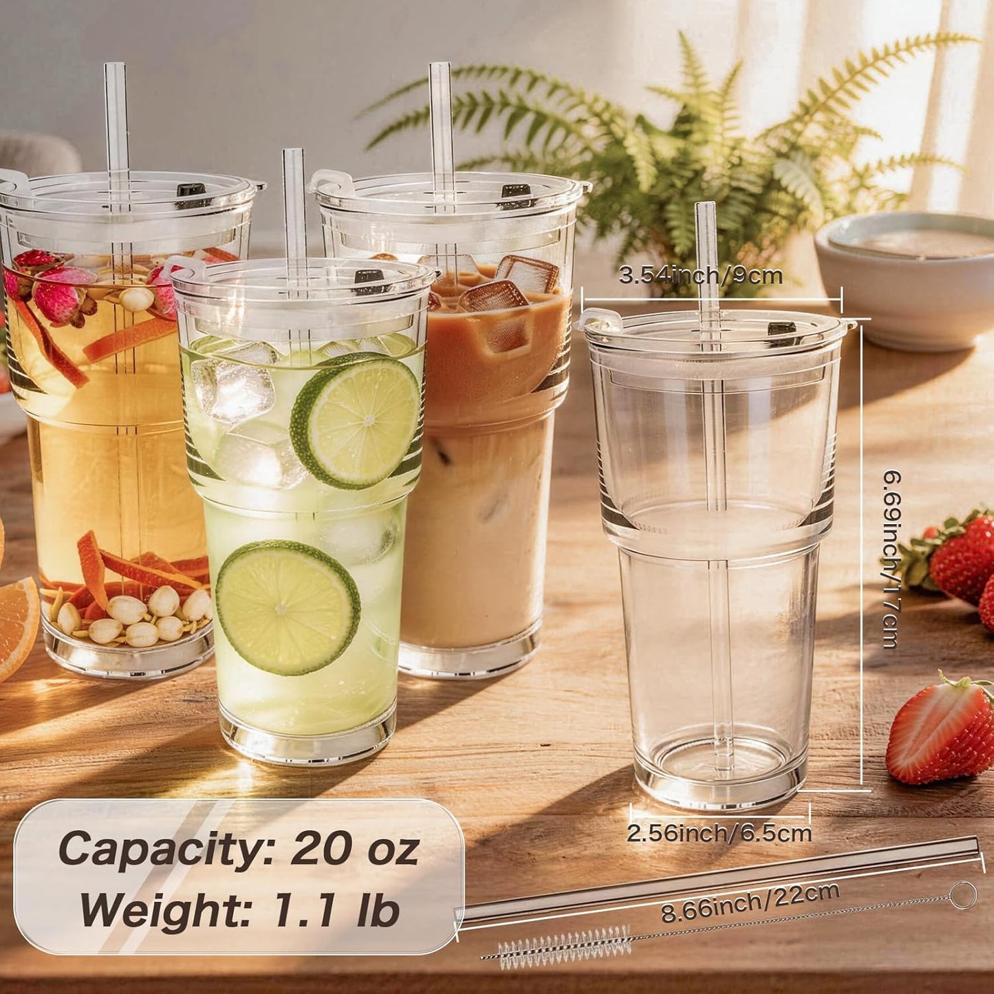Clear Iced Coffee Cups with Lids - 4 Pack, 20oz Reusable Glass Cups with Lids and Straws, Drinking Tumblers for Cocktail Beer, Juice, Smoothie, Coffee Bar, Housewarming Gifts - Dishwasher Safe