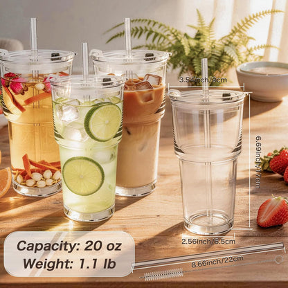 Clear Iced Coffee Cups with Lids - 4 Pack, 20oz Reusable Glass Cups with Lids and Straws, Drinking Tumblers for Cocktail Beer, Juice, Smoothie, Coffee Bar, Housewarming Gifts - Dishwasher Safe